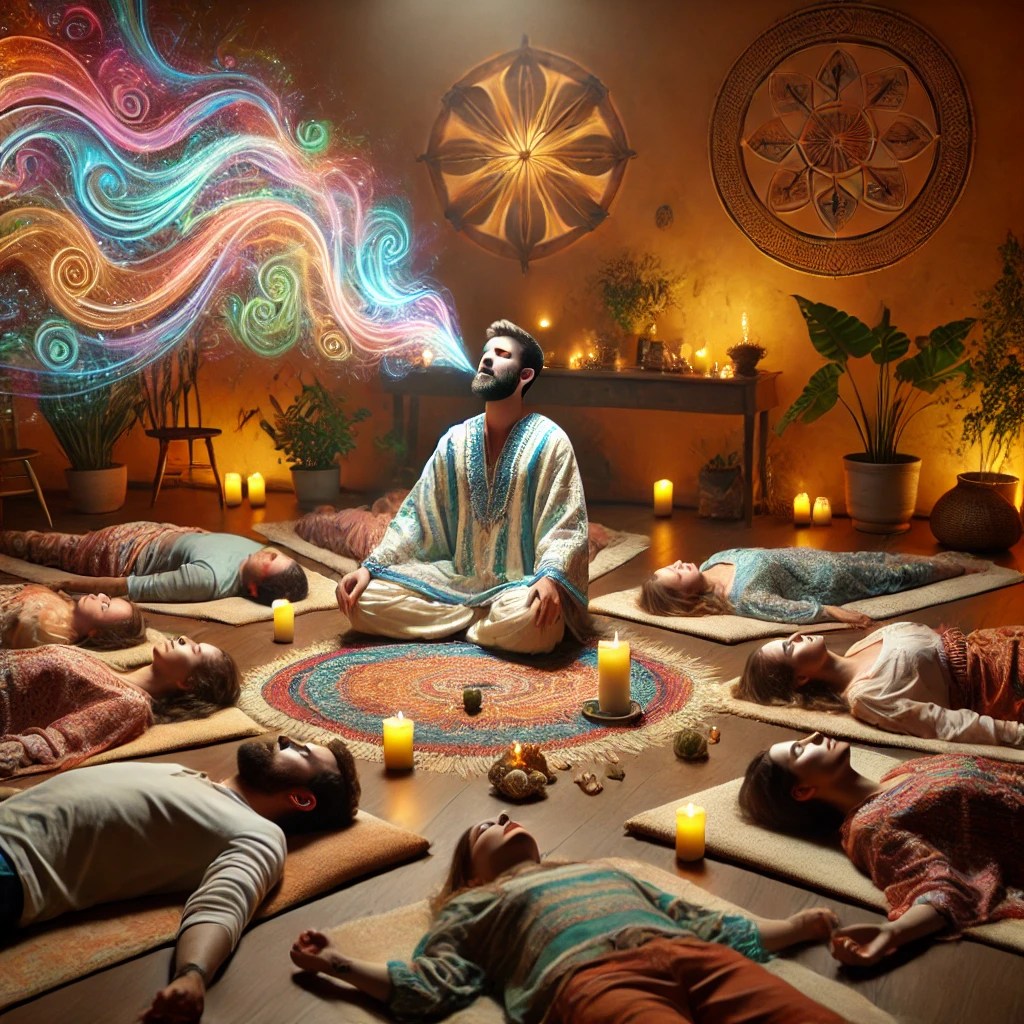 A spiritual scene of a man in traditional clothing sitting cross-legged in the center of a circle of people lying down on mats during an ayahuasca ceremony. The man is singing icaros, with colorful, flowing light patterns symbolizing the songs emanating from his mouth, creating a mystical atmosphere.